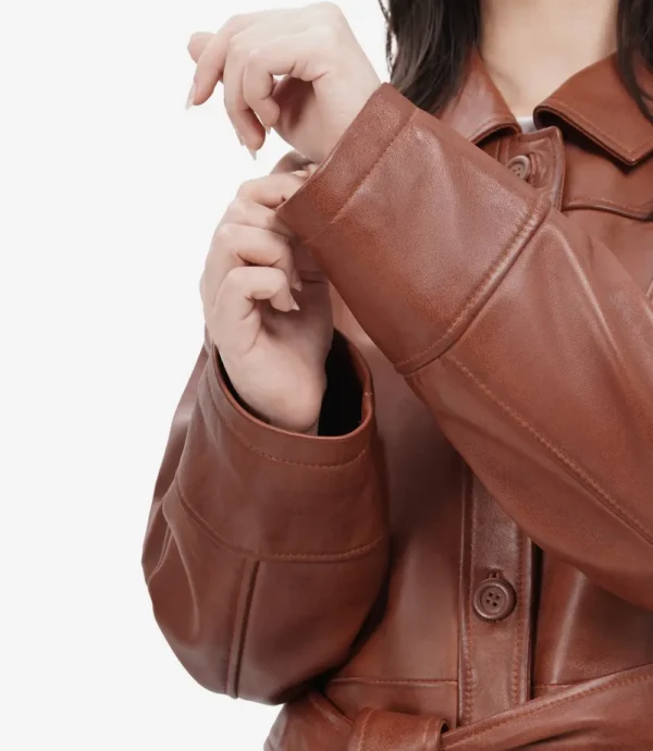 Oversized Leather Jacket with Adjustable Belt and Flap Pockets in Cognac Brown