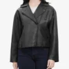 oversized black leather biker jacket with asymmetrical zip