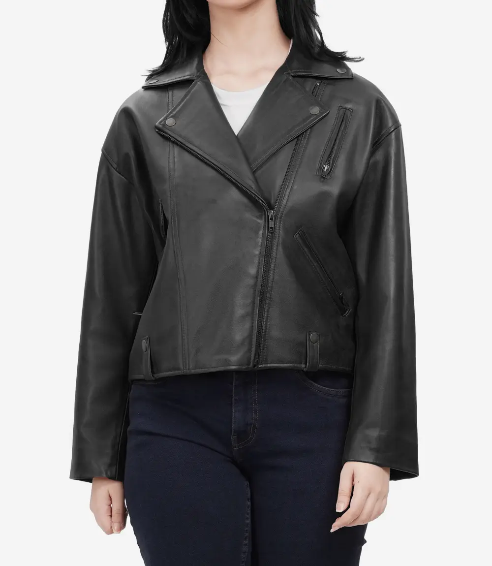 oversized black leather biker jacket with asymmetrical zip