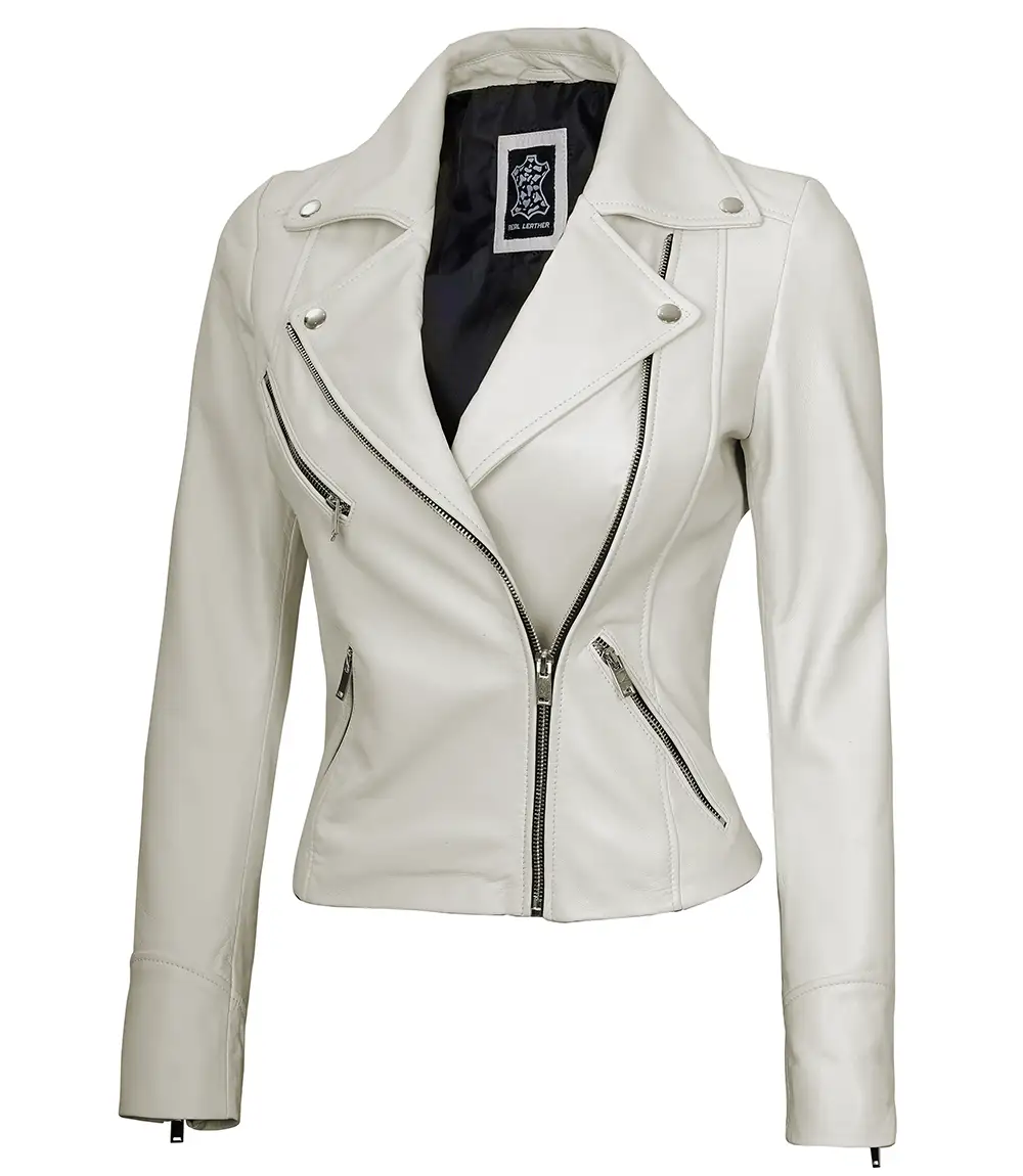 Off-White Leather Moto Jacket – Front View with Asymmetrical Zipper