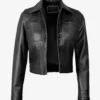 Black Cropped Leather Jacket – Front View with Shirt Collar