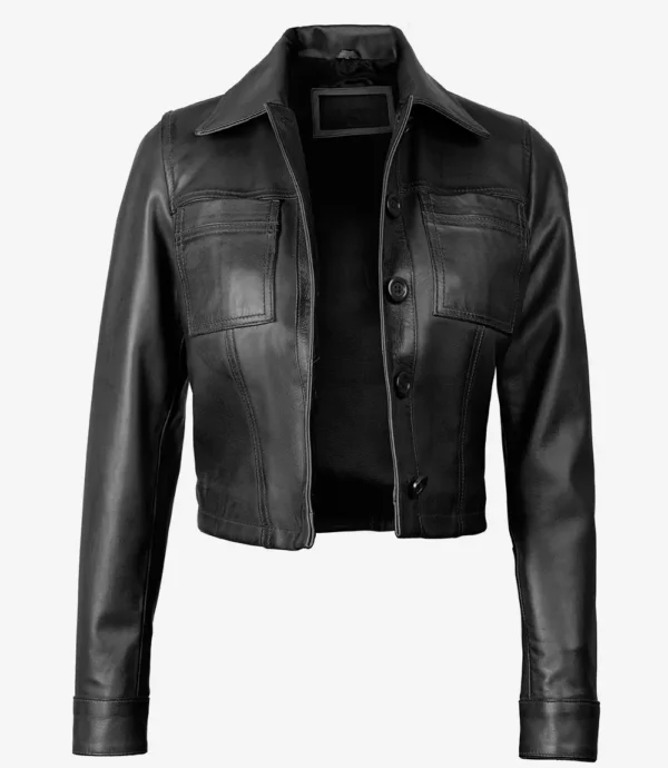 Black Cropped Leather Jacket – Front View with Shirt Collar