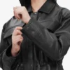 Relaxed Fit of Black Oversized Leather Trucker Jacket with Adjustable Waist
