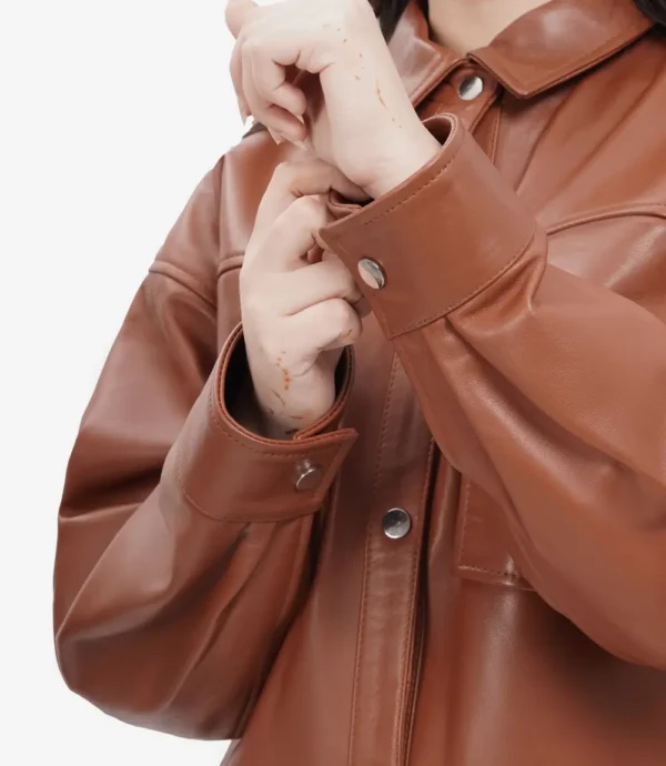 Relaxed Fit of Cognac Brown Oversized Leather Jacket with Full-Length Sleeves