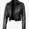 Black Cropped Leather Jacket – Front View with Shirt Collar
