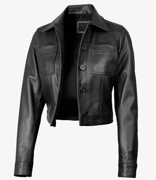 Black Cropped Leather Jacket – Front View with Shirt Collar
