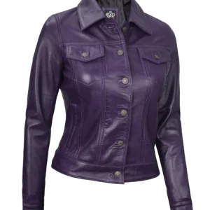 Purple Leather Trucker Jacket – Front View with Button Closure