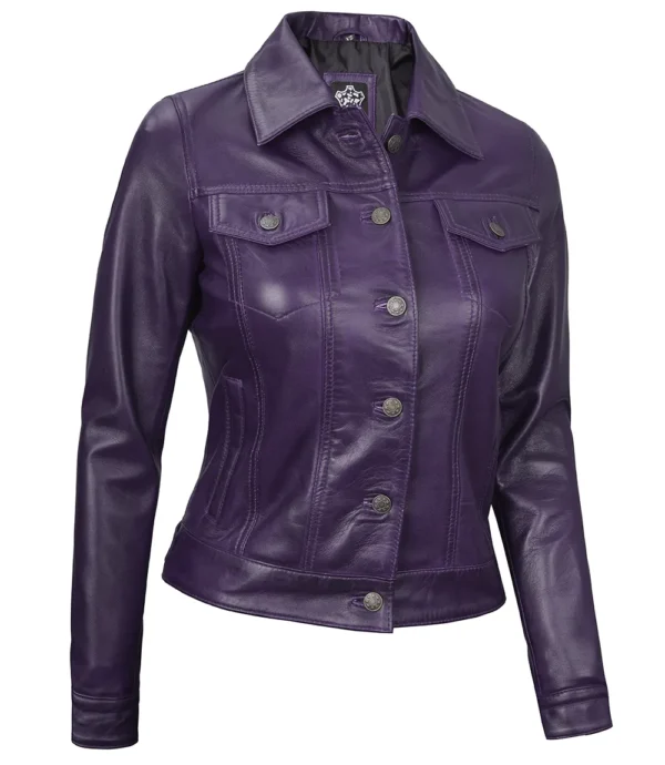 Purple Leather Trucker Jacket – Front View with Button Closure