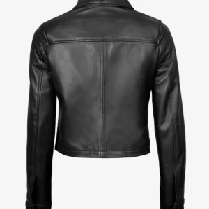 Black Cropped Leather Jacket – Back View with Shirt Collar