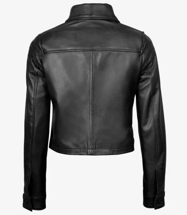 Black Cropped Leather Jacket – Back View with Shirt Collar