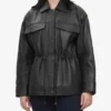 Relaxed Fit of Black Oversized Leather Trucker Jacket with Adjustable Waist