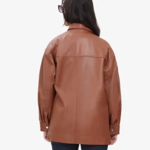 Relaxed Fit of Cognac Brown Oversized Leather Jacket with Full-Length Sleeves