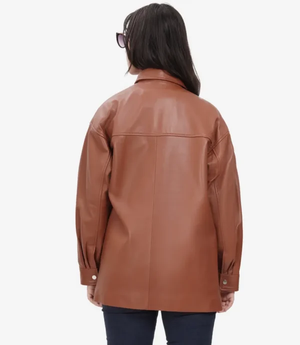 Relaxed Fit of Cognac Brown Oversized Leather Jacket with Full-Length Sleeves