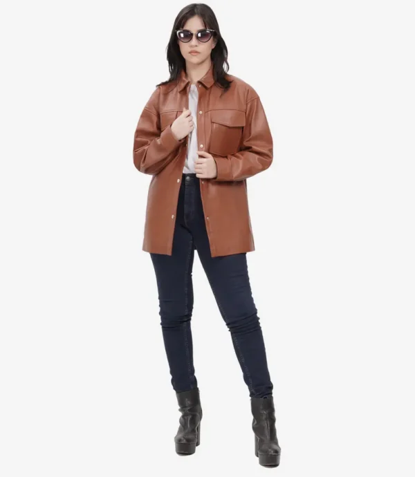Relaxed Fit of Cognac Brown Oversized Leather Jacket with Full-Length Sleeves