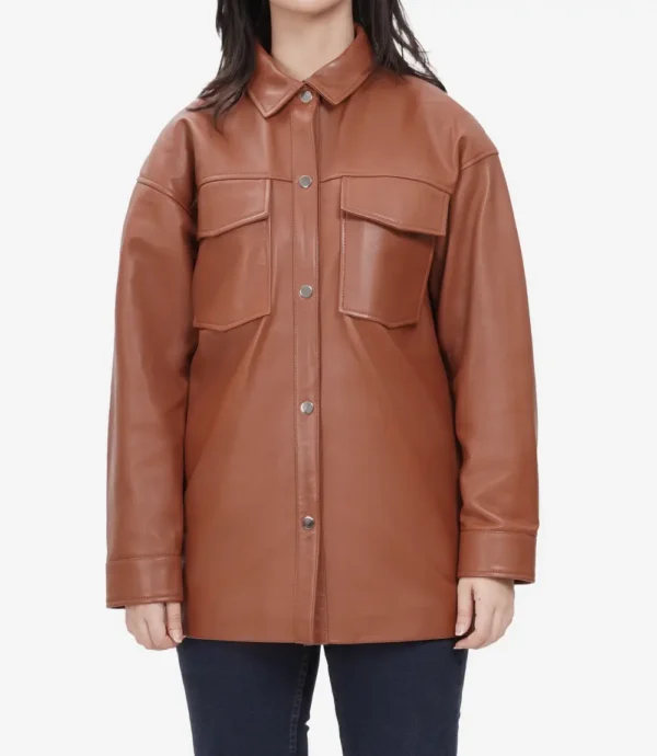 Relaxed Fit of Cognac Brown Oversized Leather Jacket with Full-Length Sleeves