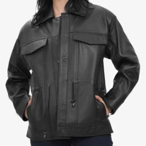 Relaxed Fit of Black Oversized Leather Trucker Jacket with Adjustable Waist