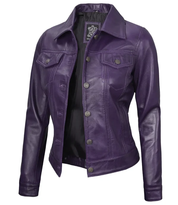 Purple Leather Trucker Jacket – Front View