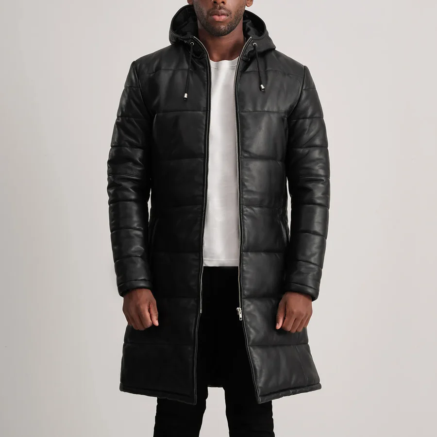 Floyd Black Leather Puffer Coat – Front View with Detachable Hood