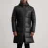 Floyd Black Leather Puffer Coat – Front View with Detachable Hood