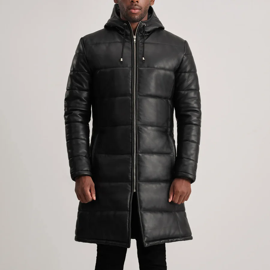 Floyd Black Leather Puffer Coat – Front View with Detachable Hood