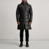 Floyd Black Leather Puffer Coat – Front View with Detachable Hood