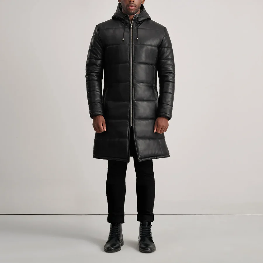 Floyd Black Leather Puffer Coat – Front View with Detachable Hood