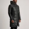 Floyd Black Leather Puffer Coat – Front View with Detachable Hood