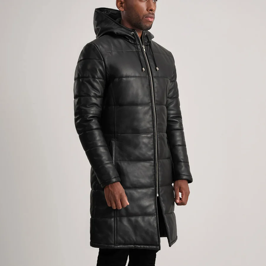 Floyd Black Leather Puffer Coat – Front View with Detachable Hood