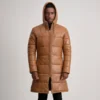 Floyd Tan Hooded Leather Puffer Coat – Front View Showing Natural Leather Grain