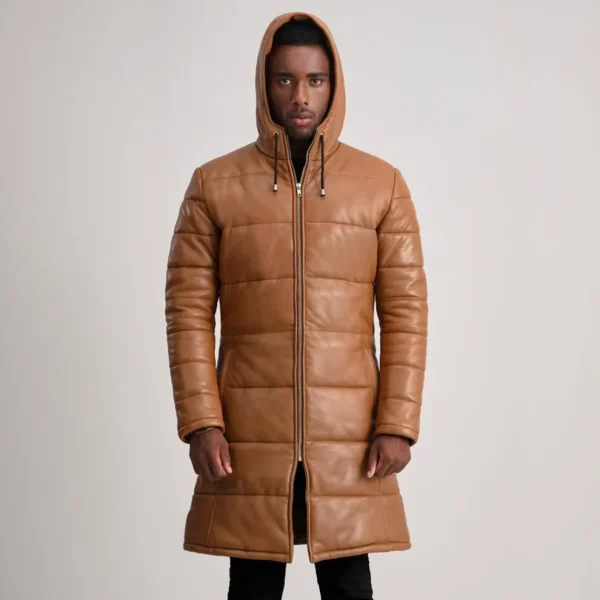 Floyd Tan Hooded Leather Puffer Coat – Front View Showing Natural Leather Grain