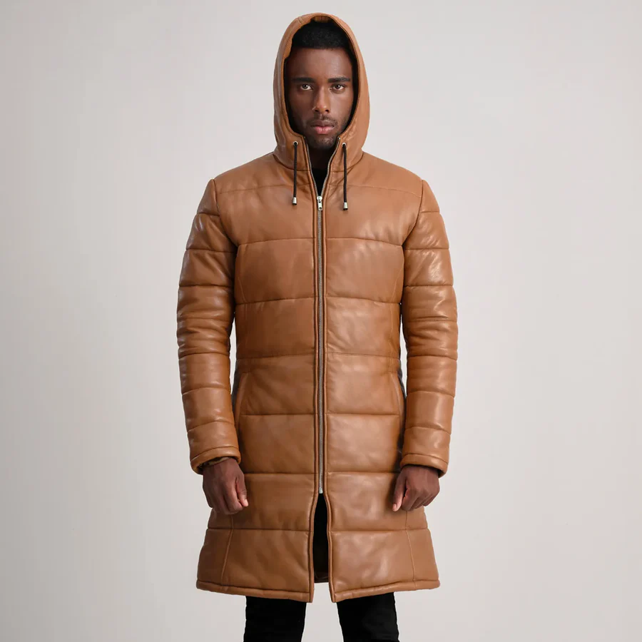 Floyd Tan Hooded Leather Puffer Coat – Front View Showing Natural Leather Grain