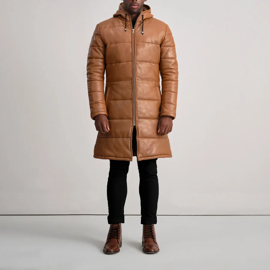 Floyd Tan Leather Puffer Coat – Front View Showing Natural Leather Grain