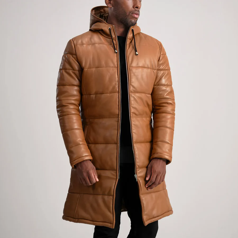 Floyd Tan Hooded Leather Puffer Coat – Front View Showing Natural Leather Grain