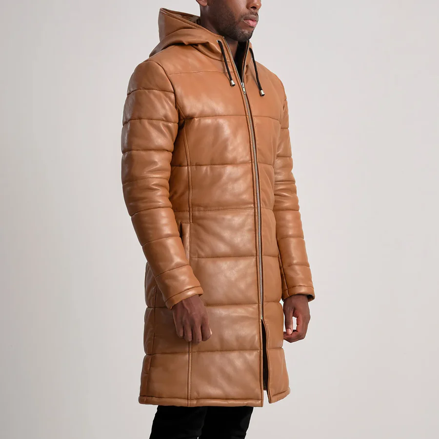 Floyd Tan Leather Puffer Coat – Front View Showing Natural Leather Grain