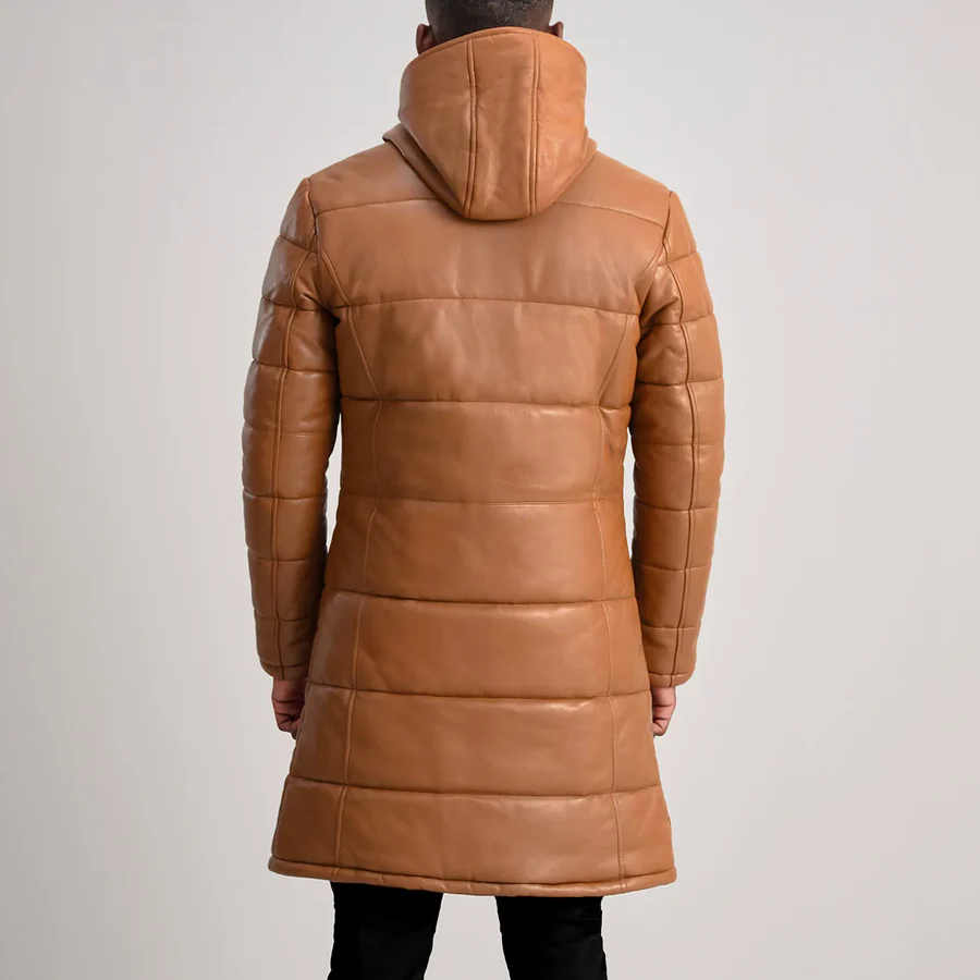 Floyd Tan Hooded Leather Puffer Coat – Back View Showing Natural Leather Grain
