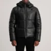 Gordon Black Leather Puffer Jacket - Front View Showing Removable Hood
