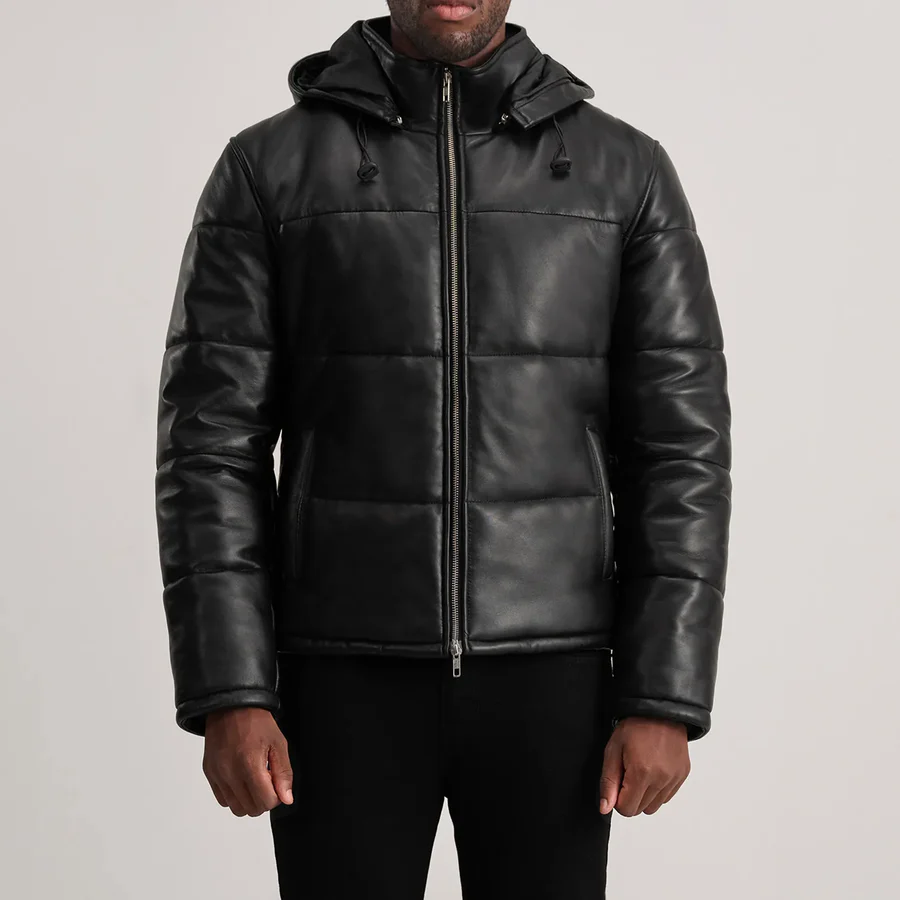 Gordon Black Leather Puffer Jacket - Front View Showing Removable Hood