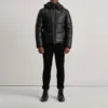 Gordon Black Leather Puffer Jacket - Front View Showing Removable Hood
