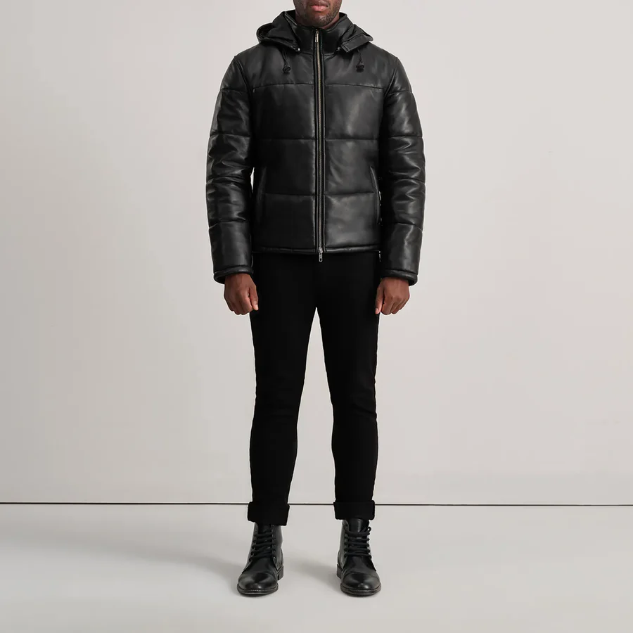 Gordon Black Leather Puffer Jacket - Front View Showing Removable Hood