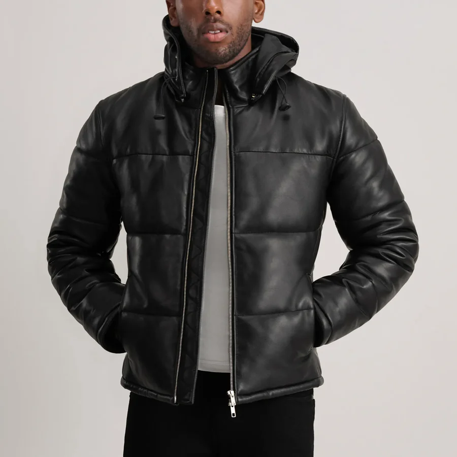 Gordon Black Leather Puffer Jacket - Front View Showing Removable Hood