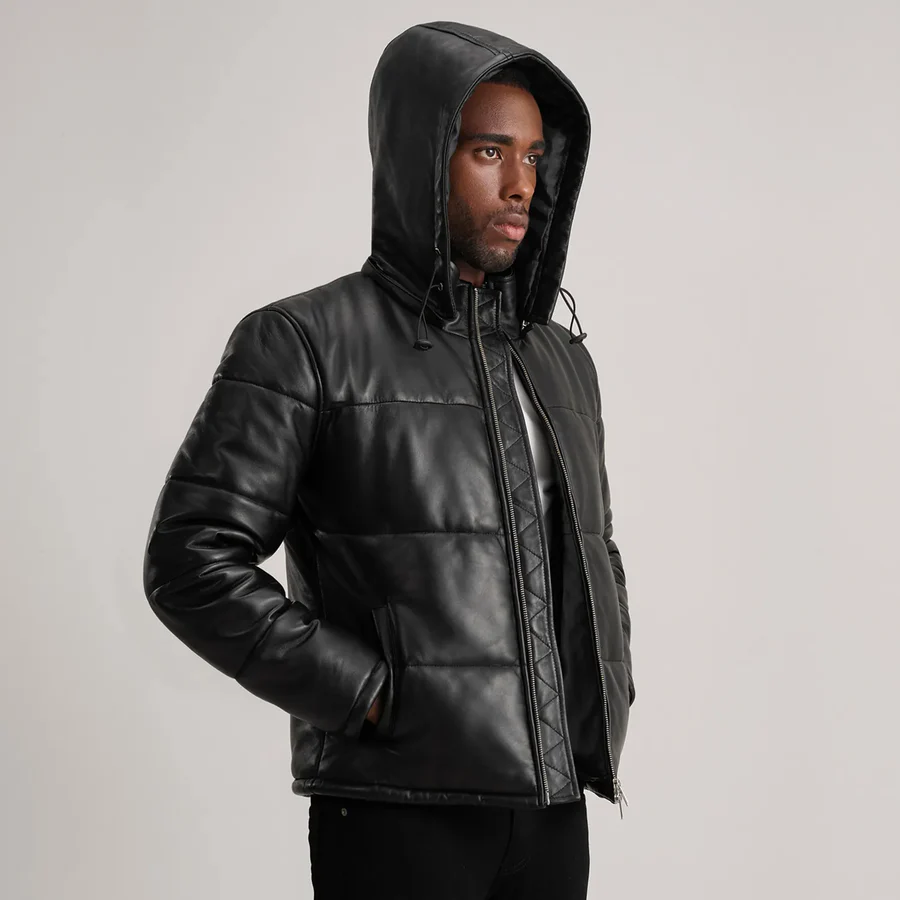 Gordon Black Leather Puffer Jacket - Front View Showing Removable Hood