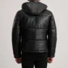 Gordon Black Leather Puffer Jacket - Back View Showing Removable Hood