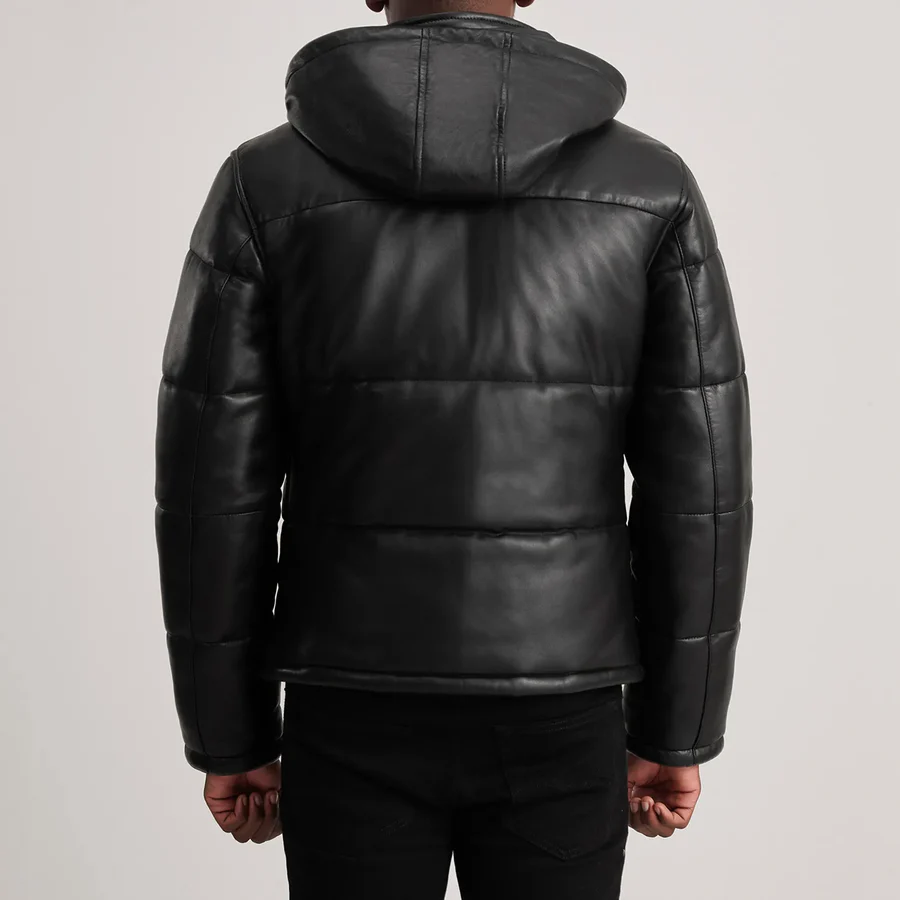 Gordon Black Leather Puffer Jacket - Back View Showing Removable Hood