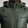 Gordon Green Leather Puffer Jacket - Front View Showing Removable Hood