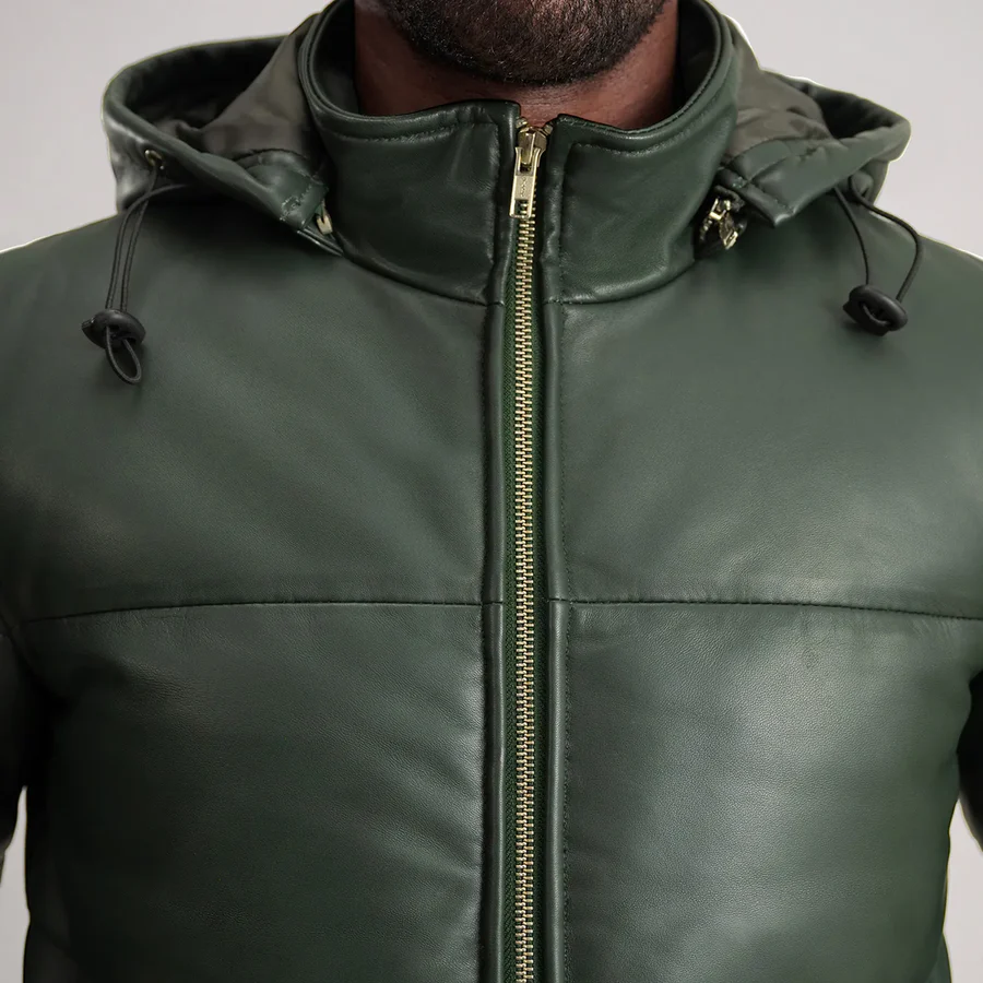 Gordon Green Leather Puffer Jacket - Front View Showing Removable Hood