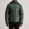 Gordon Green Leather Puffer Jacket - Front View Showing Removable Hood