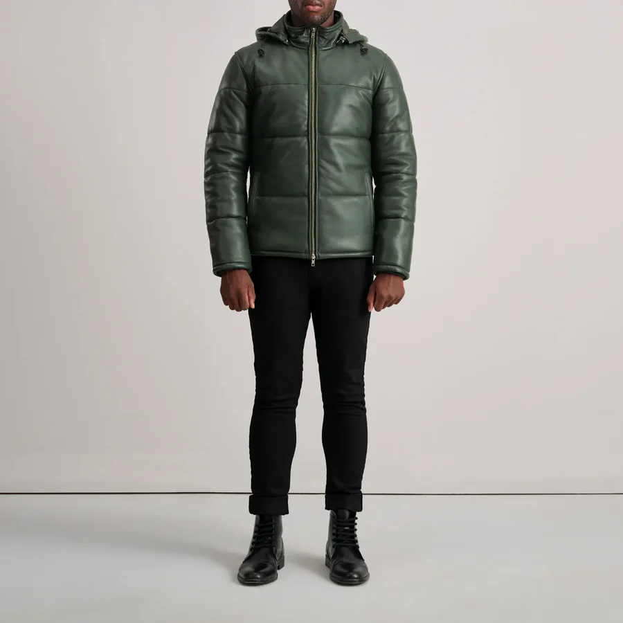 Gordon Green Leather Puffer Jacket - Front View Showing Removable Hood