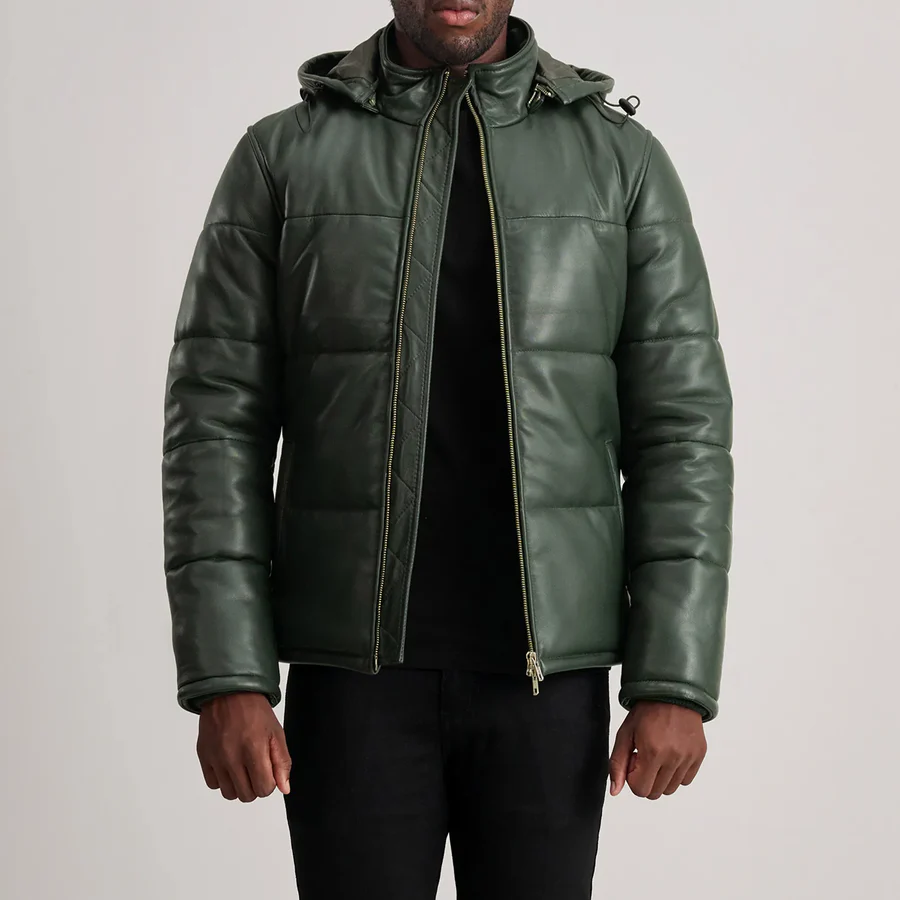 Gordon Green Leather Puffer Jacket - Front View Showing Removable Hood