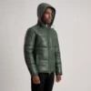 Gordon Green Leather Puffer Jacket - Front View Showing Removable Hood