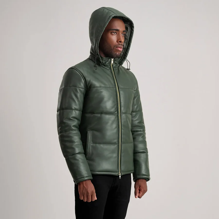 Gordon Green Leather Puffer Jacket - Front View Showing Removable Hood